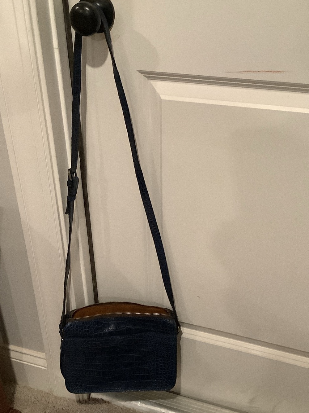 Patricia Nash Navy Croc-Embossed Leather Messenger with Tan Interior Trim